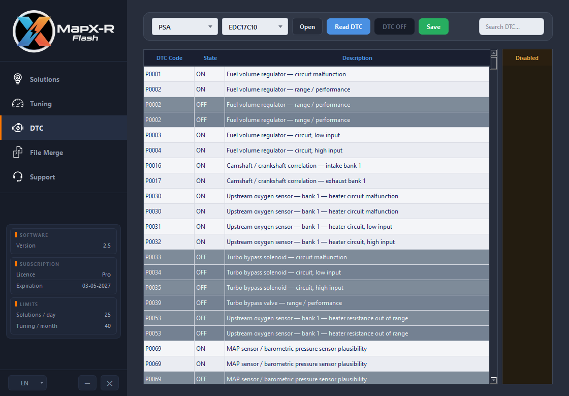 MapX-R Flash — Gestion des codes défaut DTC